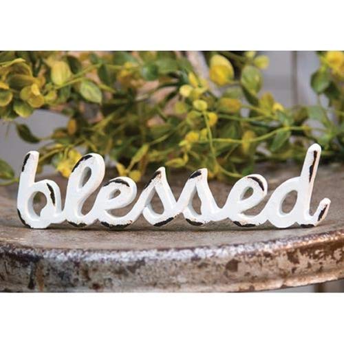 Hearthside Blessed - Distressed White Word Resin Figurine Table Sitter - Country Rustic Farmhouse Prim Look