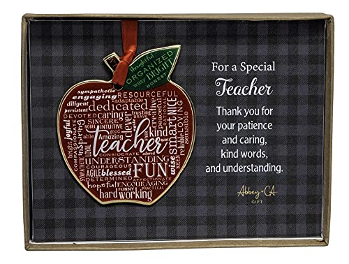 Cathedral Art Abbey & CA Gift Gold Teacher Apple Artmetal Ornament On Red Ribbon, 2", Multi