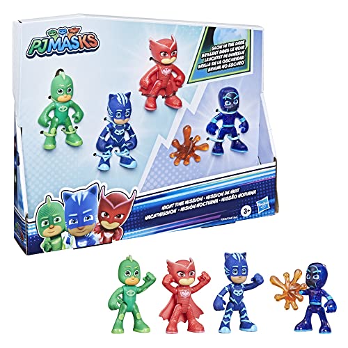 Hasbro PJ Masks Night Time Mission Glow-in-The-Dark Action Figure Set, Preschool Toy for Kids Ages 3 and Up, 4 Figures and 1 Accessory