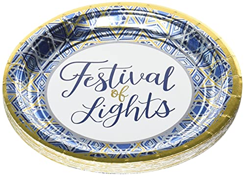 Amscan Hanukkah Festival of Lights Round Metallic Plates - 7" | Multicolor | Pack of 12