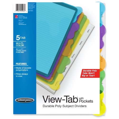 ACCO (Office) Wilson Jones View-Tab Transparent Dividers, Student Index with Pockets, 5-Tab Set, Multicolor Tabs (W55082)