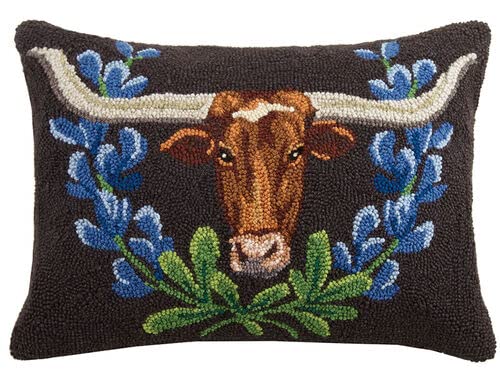 Peking Handicraft Longhorn and Blue Bonnets, Hook Pillow, Wool and Poly Velvet