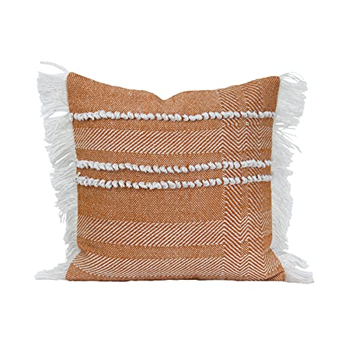 Foreside Home & Garden Orange Striped Woven 20x20 Outdoor Decorative Throw Pillow with Hand Tied Fringe, 20 x 20 x 5, Brown