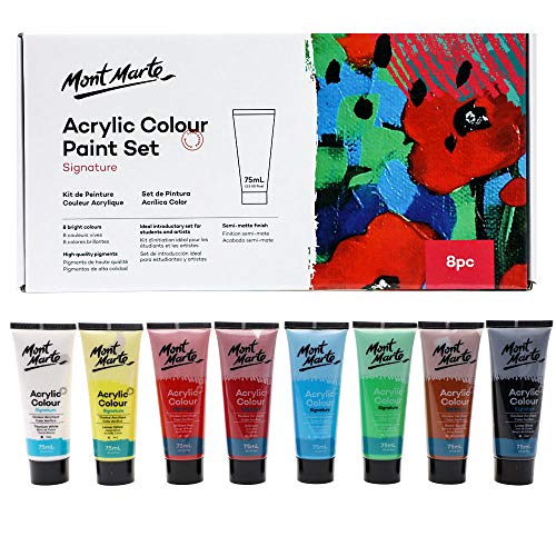Mont Marte Signature Acrylic Color Paint Set, 8 x 2.5oz (75ml), Semi-Matte Finish, 8 Colors, Suitable for Most Surfaces Including Canvas, Card, Paper and Wood