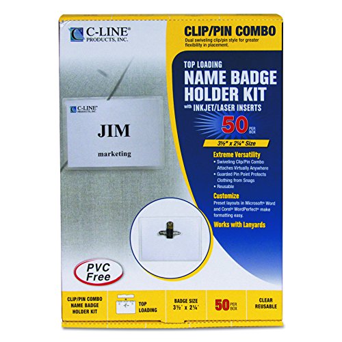 C-Line Name Badge Kit with Inserts, Top Load, 3-1/2" x 2-1/4", Clear, Combo Clip/Pin, Box of 50 (95723), White