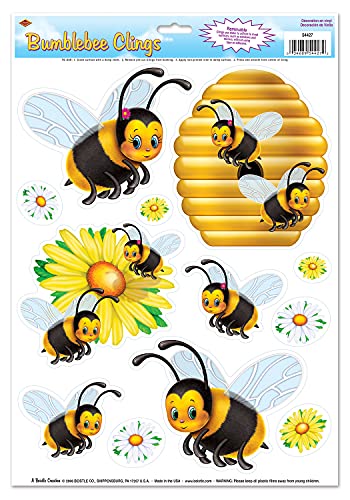 Beistle Bumblebee Clings 1 Sheet Spring and Summer Window Decorations, 12" x 17", Black/Yellow/White/Orange