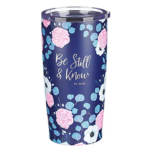 Christian Art Gifts Be Still and Know Psalm 46:10 Navy Christian Travel Mug for Women (18oz Stainless Steel Double-Wall Vacuum Insulated Tumbler with Lid)
