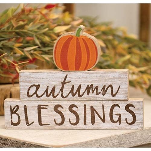 Set of 3 Autumn Blessings w/ Pumpkin Wood Stackers Shelf Sitters Fall Autumn Decoration Distressed Wood Country Farmhouse Rustic