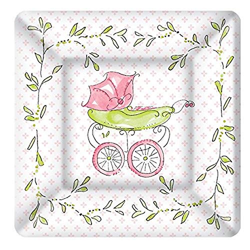 Boston International 8 Count Rosanne Beck Square Paper Dessert Plates, Pink Baby Carriage