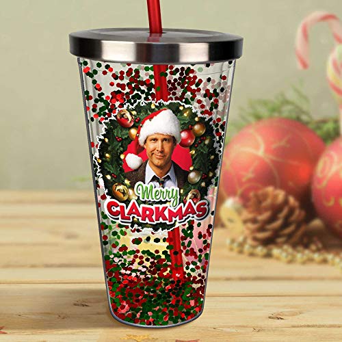 Spoontiques 21331 Merry Clarkmas Glitter Cup w/Straw, One Size, Red & Green