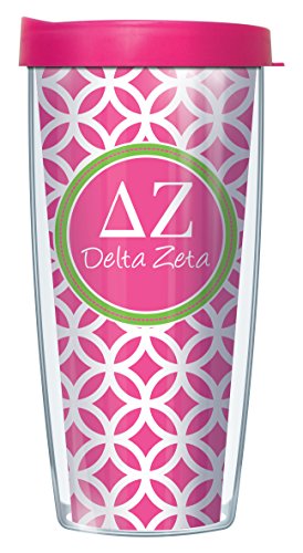 Freeheart Signature Tumblers Delta Zeta Insignia Wrap on Hot Pink and White Roundabout 16 Ounce Double-Walled Travel Tumbler Mug with Hot Pink Easy Sip Lid