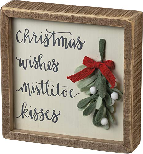 Primitives by Kathy 101098 Christmas Wishes Mistletoe Kisses Inset Box Sign, 7-inch Square, Multicolor