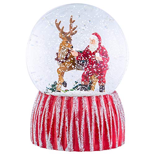 Roman Musical Santa Deer and Cookies Rosy Red 7 inch Resin Holiday Windup Snow Globe