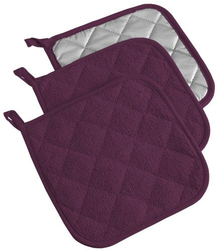 DII Design Basic Terry Collection Quilted 100% Cotton, Potholder, Eggplant, 3 Piece