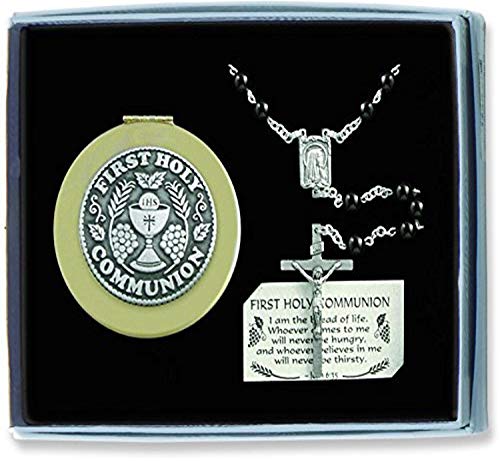 Cathedral Art CS119 First Holy Communion Black Wood Rosary and Keepsake Box, Gift Set
