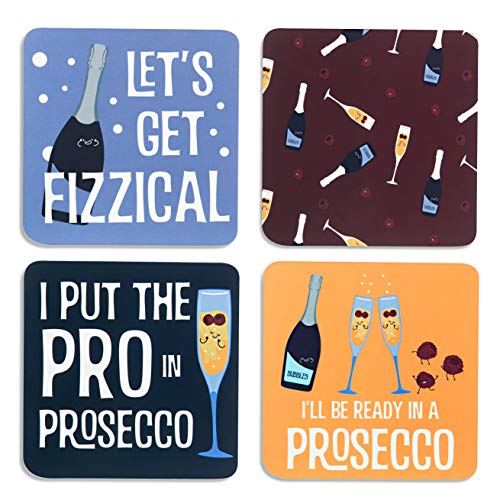 Pavilion Gift Company Prosecco Themed Set Of 4 Different Cork & Paper Drink Coasters, 4", Purple