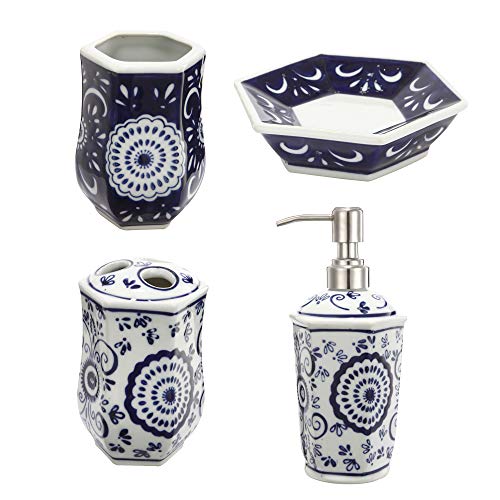 A&B Home 4 Piece Blue & White Ceramic Bathroom Set w/Soap Dispenser Toothbrush Holder Tumbler & Soap Dish