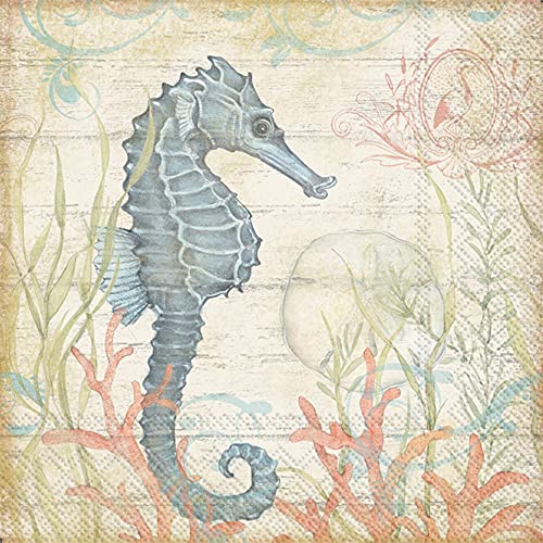 Boston International IHR 3-Ply Paper Napkins, 20-Count Cocktail Size, Seahorse And Coral