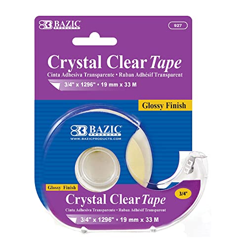 BAZIC Crystal Clear Tape w/Dispenser 3/4" X 1296", Transparent Stationery Tapes Glossy Finish Refills Rolls, Arts Craft Gift Wrapping, 1-Pack