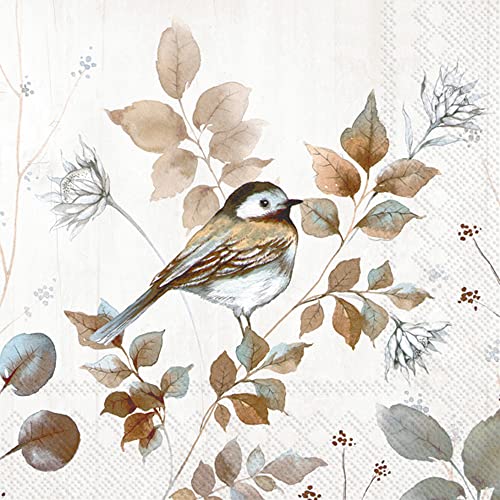 Boston International IHR Floral Fall Autumn Thanksgiving 3-Ply Paper Napkins, 20-Count Cocktail Size, Woodland Birds Nature