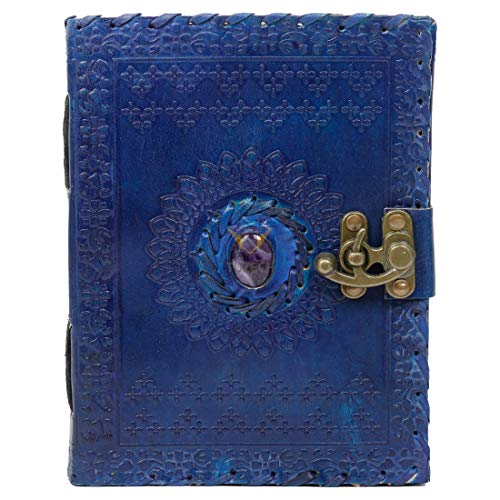 TUZECH Leather Large Writing Notebook - Handmade Leather Bound Vintage Journal For Women and Men with Lock And Semi-Precious Stone Gift For Art, Travel Diary To Write In 8 by 6 Inches (Dark Blue)