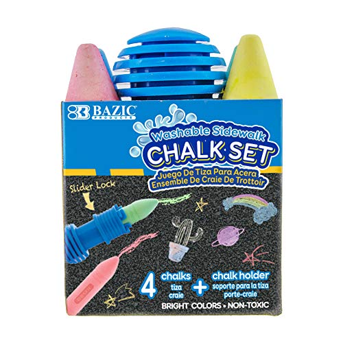 BAZIC Jumbo Sidewalk Chalks & Chalk Holders, 4 Colors Chalks with 1 Plastic Holder Color May Vary, Outdoor Art Coloring, Gift for Kids, 1-Pack