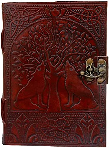 TUZECH Tree of Life with Wolves Vintage Handmade Leather Journal Diary Notebook Gift for Men Women Him Her 7X5 Inches