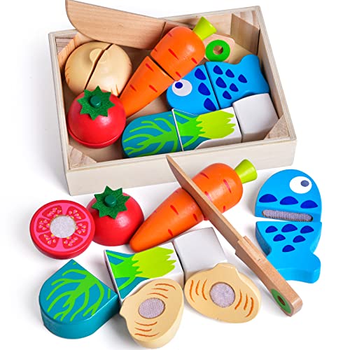 FUN LITTLE TOYS 12 Pcs Wooden Pretend Cutting Play Food Set for Kids Aged 3+, Early Education Toy for Toddlers, Veggie Slicers Playset, Toys Food and Vegetables with Storage Case