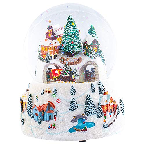 Roman Musical Village Rotating Train White 6 inch Resin Holiday Wind Up Snow Dome