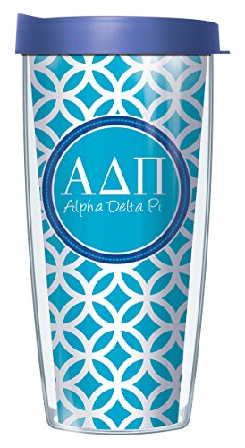 Freeheart Signature Tumblers Alpha Delta Pi Insignia Wrap on Teal and White Roundabout 16 Ounce Double-Walled Travel Tumbler Mug with Admiral Blue Easy Sip Lid