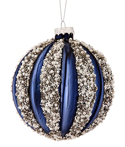 Regency International Crusted Ridge Ball Hanging Ornament, 4-inch Diameter, Glass, Blue Silver