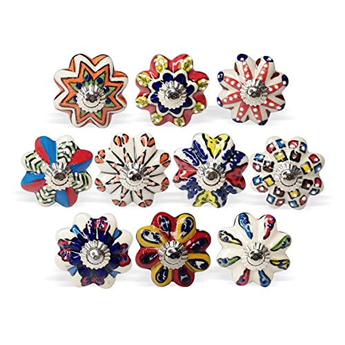 Hashcart Ceramic Multicolor Decorative Knobs for Cabinet Dresser Drawer || Antique Floral Hand Painted Cupboard Pull Knobs || { Set of 10 }