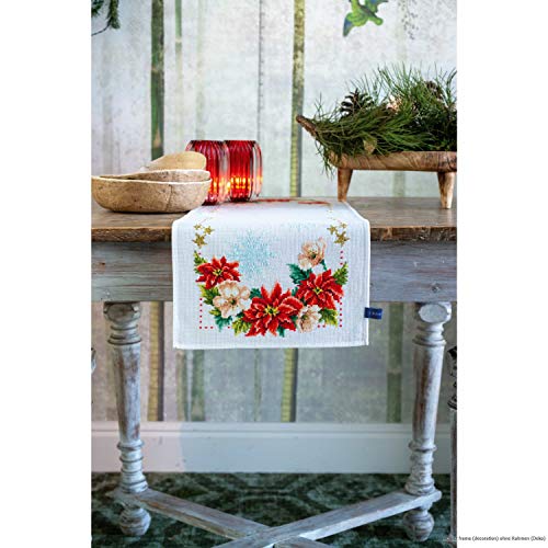 Vervaco Embroidery Christmas Embroidery Kits Cross Stitch Table Runner DIY Set, Tablecloth to Embroider with Image on Cotton and Embroidery Thread, 12,8 x 33,6 Inches, Christmas Flowers