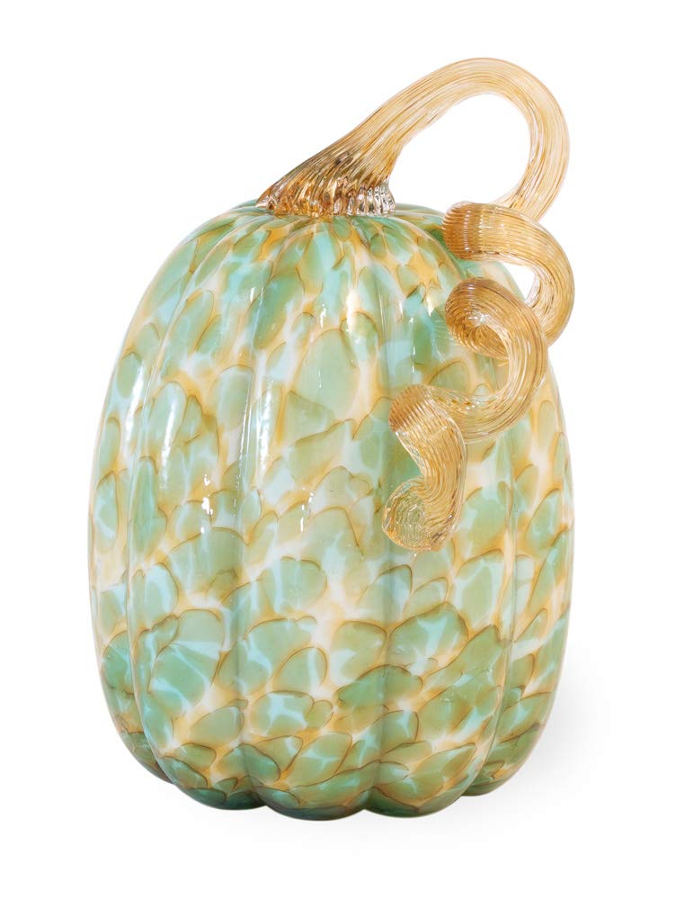 Boston International Decorative Handblown Glass Pumpkin Figurine, 5 x 8.5-Inches, Green and Gold