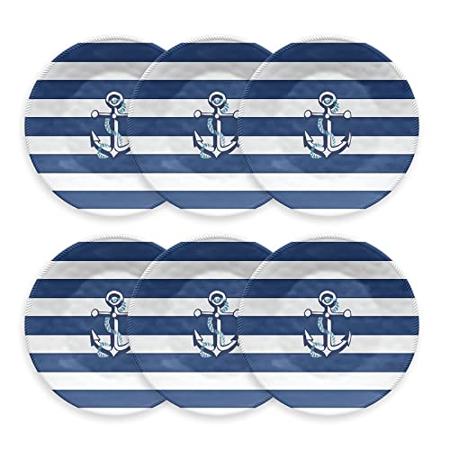 TarHong Nautical Anchor Dinner Plate, 10.5", Pure Melamine; Navy and White, Set of 6