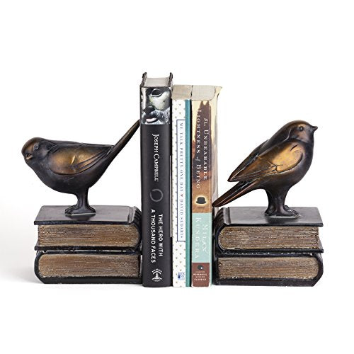 Danya B. DS781 Decorative Rustic Bookshelf Decor - Birds on Books Bookend Set - Bronze