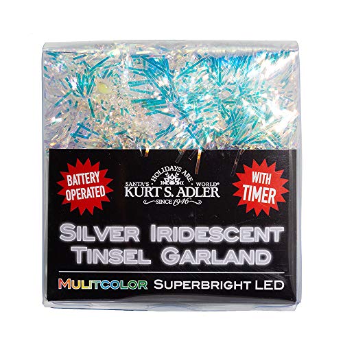 Kurt Adler BAT0306M Silver Iridescent 20 Multi-Color Superbrite LED Lights Tinsel Garland, Battery Operated, 24-inch Long