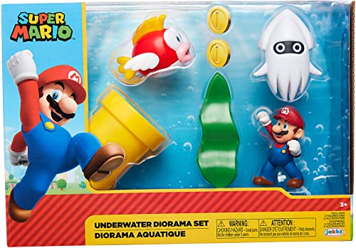 JAKKS Pacific SUPER MARIO Nintendo Underwater 2.5" Figure Diorama Play Set, Includes: Mario, Cheep-Cheep, Blooper, Mechanical Warp Pipe, Spinning Water Plant & Two Coins (400162)