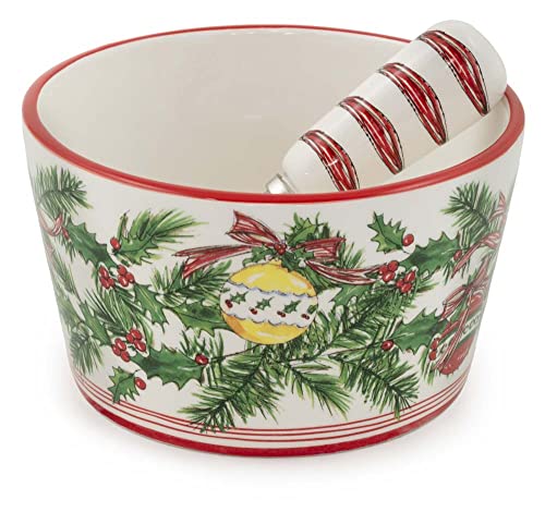 Boston International Holiday Ceramic Bowl and Stainless Steel Spreader, 4.75-Inches, Christmas Bells