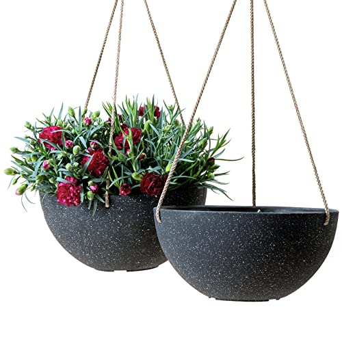 La Jol√≠e Muse Hanging Planters for Outdoor Plants - 10 Inch Indoor Flower Pots with Drainage, Plants Pots, Speckled-Black, Set of 2