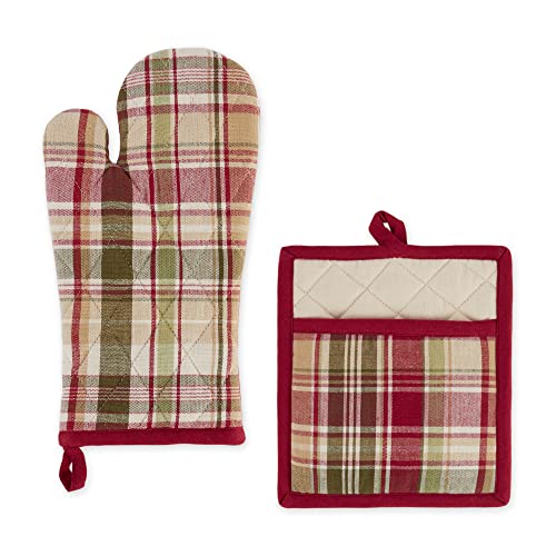 DII Design Autumn Basics Collection Decorative Thanksgiving & Fall Kitchen, Oven Mitt/Potholder Set, Give Thanks Plaid, 2 Piece