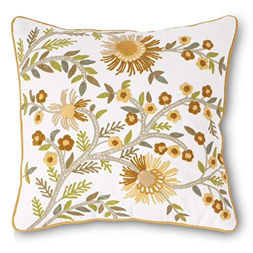 K&K Interiors 16150A 16 Inch Square Pillow w Embroidered Botanicals, White and Yellow