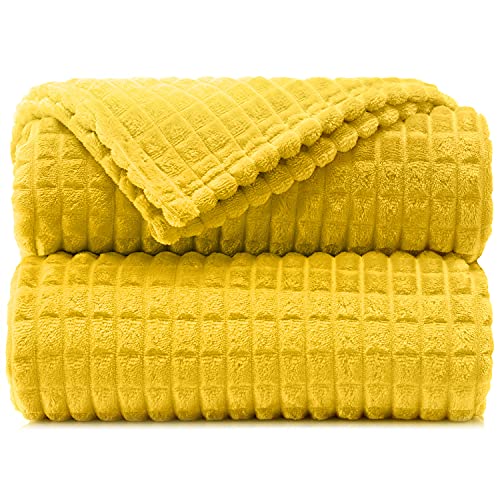 Malinad Throw Blankets ‚Äì 60‚Äùx80‚Äù, Twin Size, Golden Yellow - Waffle Blanket - Lightweight Flannel Fleece - Soft, Cozy - Perfect for Bed, Sofa, Couch