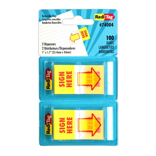 Redi-Tag Sign Here Printed Pop-Up Page Flags, 2 Dispensers per Pack, 100 Flags Total, 1 x 1.7 Inches, Yellow with Red Print, 1-Pack (74004)
