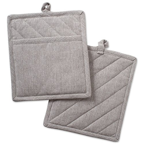 DII Design 100% Cotton Solid Chambray Kitchen Set, Potholders, Stone, 2 Piece