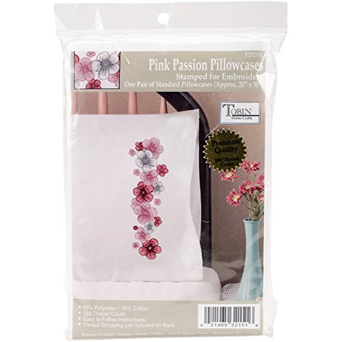 Design Works Crafts Tobin Stamped Pillowcases, Pink Passsion, 20" x 30" Embroidery Kit