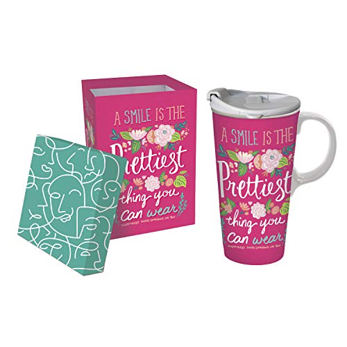 Evergreen Cypress Home Ceramic Travel Cup, 17 OZ, With Box, A Smile Is the Prettiest Thing You Can Wear