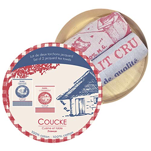 Coucke French Cotton Jacquard Towels, Set of 2 in Round Gift Box, Gruyere and Camembert, 20-Inches by 30-Inches, Red and Blue, 100% Cotton