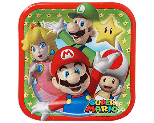 Amscan Swank Super Mario Brothers Birthday Party Square Dessert Paper Plates Tableware (8 Pack), 7", Multicolor