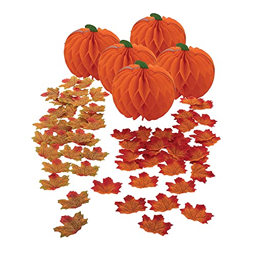 Fun Express Pumpkin Honeycomb & Fall Leaves Centerpieces - Party Decor - 105 Pieces